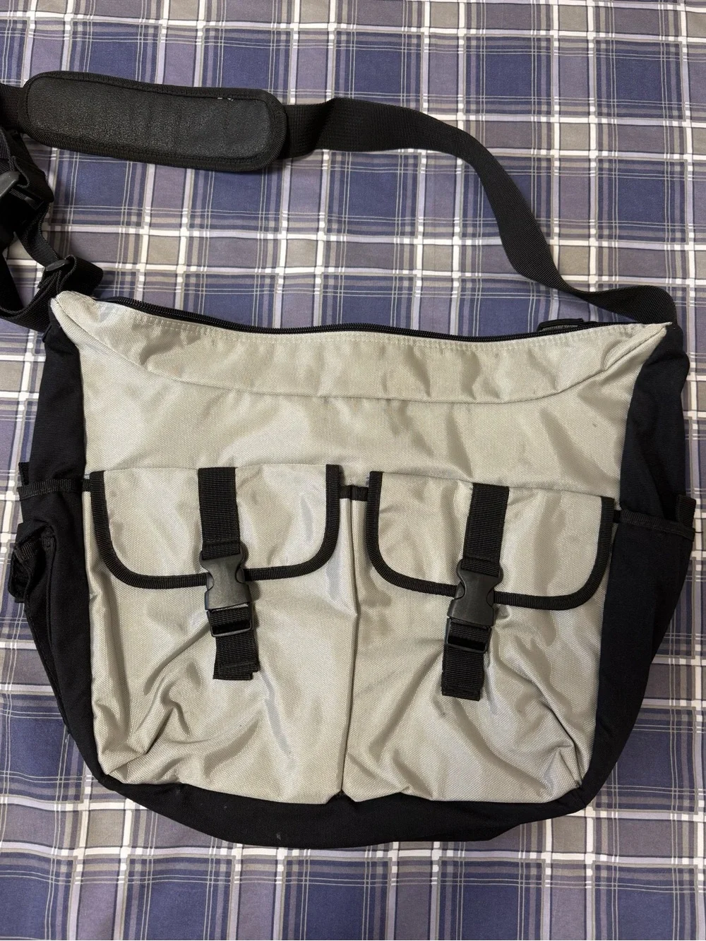 Light Gray and Black Messenger Bag with Front Buckle Pockets